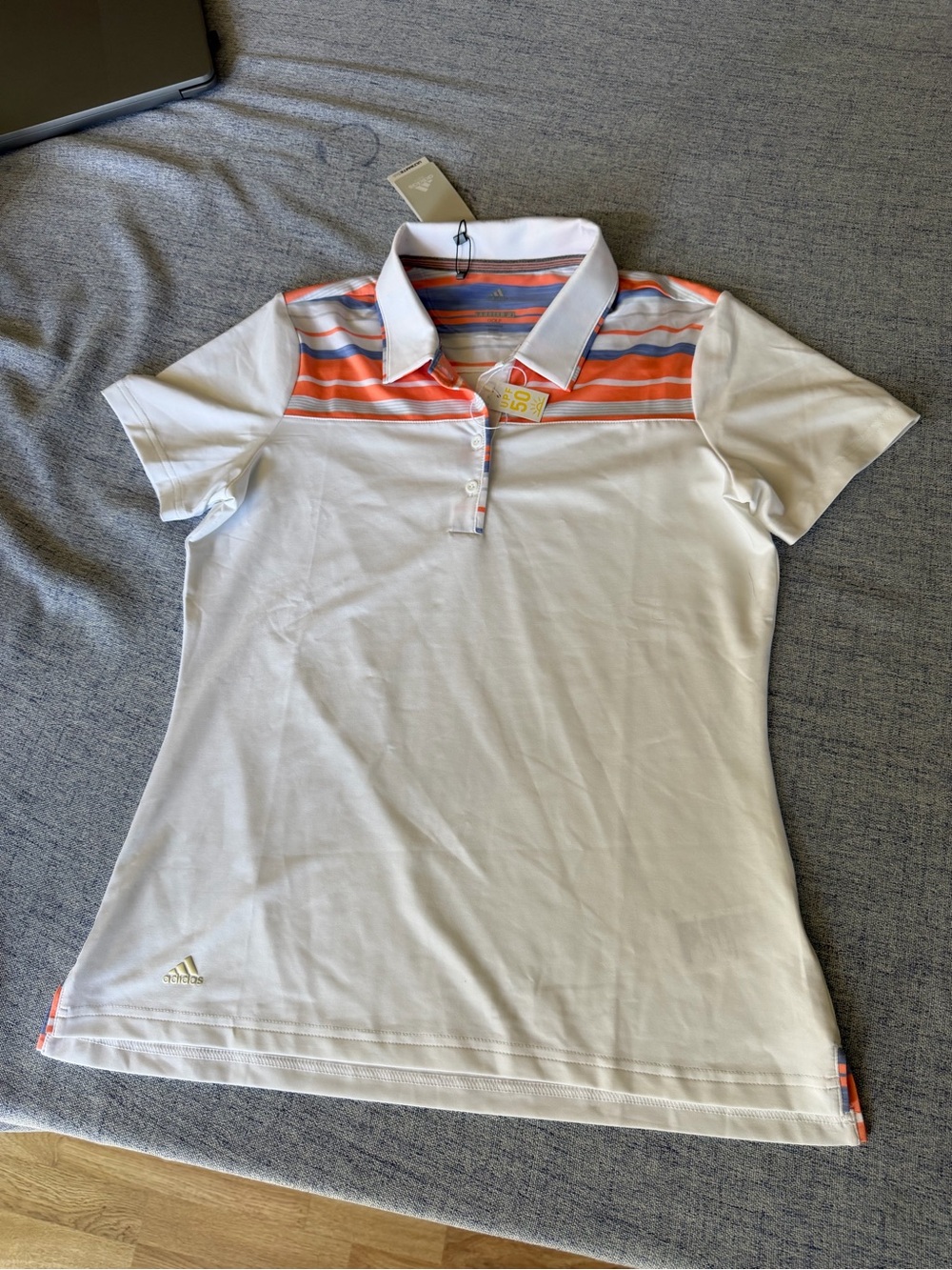 adidas White Polo Shirt with Orange & Light Blue Stripes